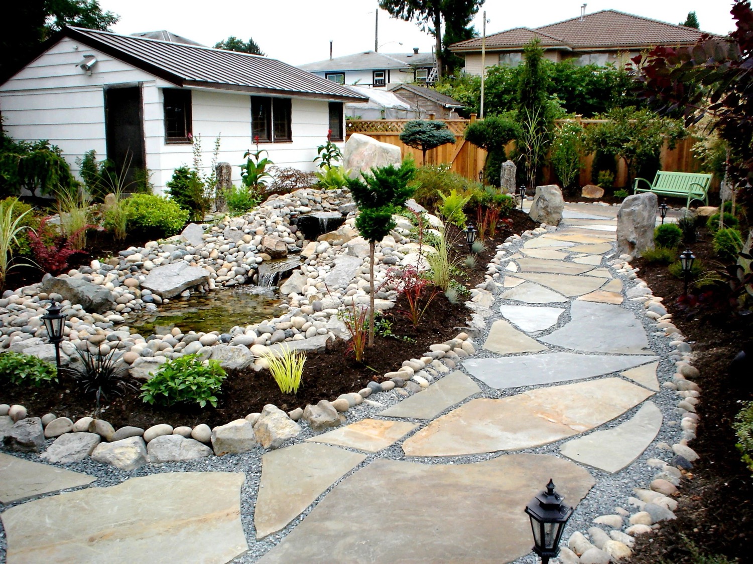 Flagstone path through a planted rockery